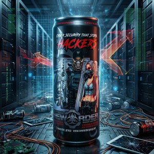 NEWORDER Hacker Fuel energy drink black can featuring Cyber Security That Stops Hackers tagline, dual tactical operator and cyberpunk warrior design, high caffeine and no added sugar for cyber professionals and gamers