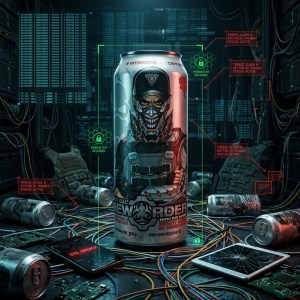 NEWORDER Hacker Fuel energy drink silver can featuring tactical operator character in combat gear, engineered for cyber security professionals, threat hunters, gamers, and adrenaline enthusiasts