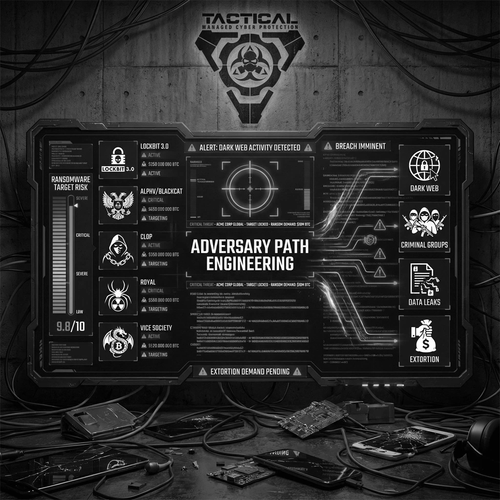 NEWORDER Adversary Path Engineering dashboard showing ransomware threat intelligence including LockBit, ALPHV BlackCat, Clop, Royal and Vice Society for tactical cyber security operations