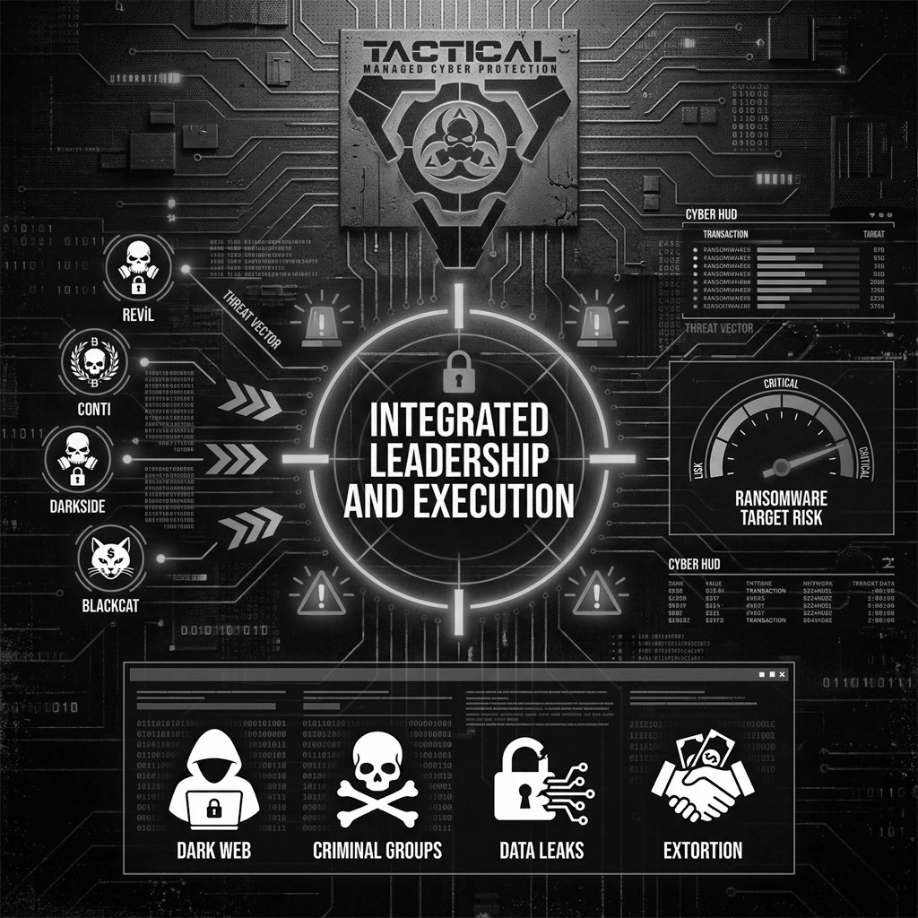 NEWORDER Integrated Leadership and Execution tactical cyber command dashboard showing ransomware threat tracking including REvil, Conti, DarkSide and BlackCat for executive cyber risk management