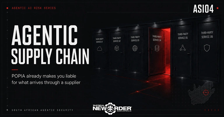 Corridor of six third-party service doors with one standing open and lit red, showing an exposed agentic AI supply chain.