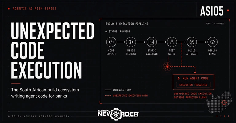 Build and execution pipeline diagram where agent-written code breaks out at the test suite stage and executes outside approved flows.