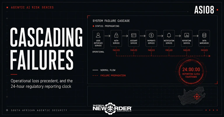 Service chain diagram showing failure propagating from an authentication service through six downstream services beside a 24-hour clock.