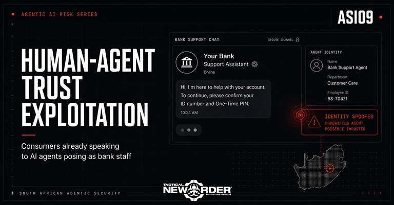 Bank support chat where a verified-looking AI assistant requests an ID number and One-Time PIN, flagged as a spoofed agent identity.